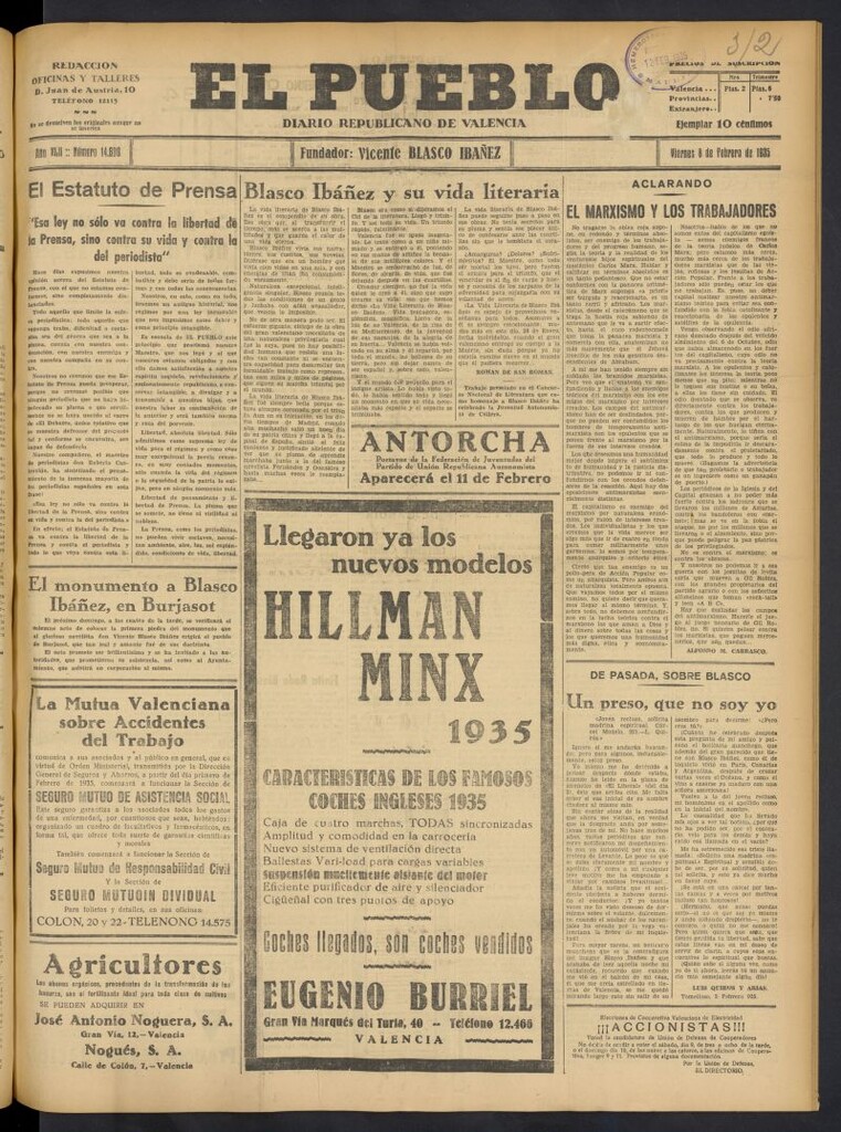 Miniatura de El Pueblo : Diario republicano de Valencia del 8 de febrero de 1935, nº 14.600