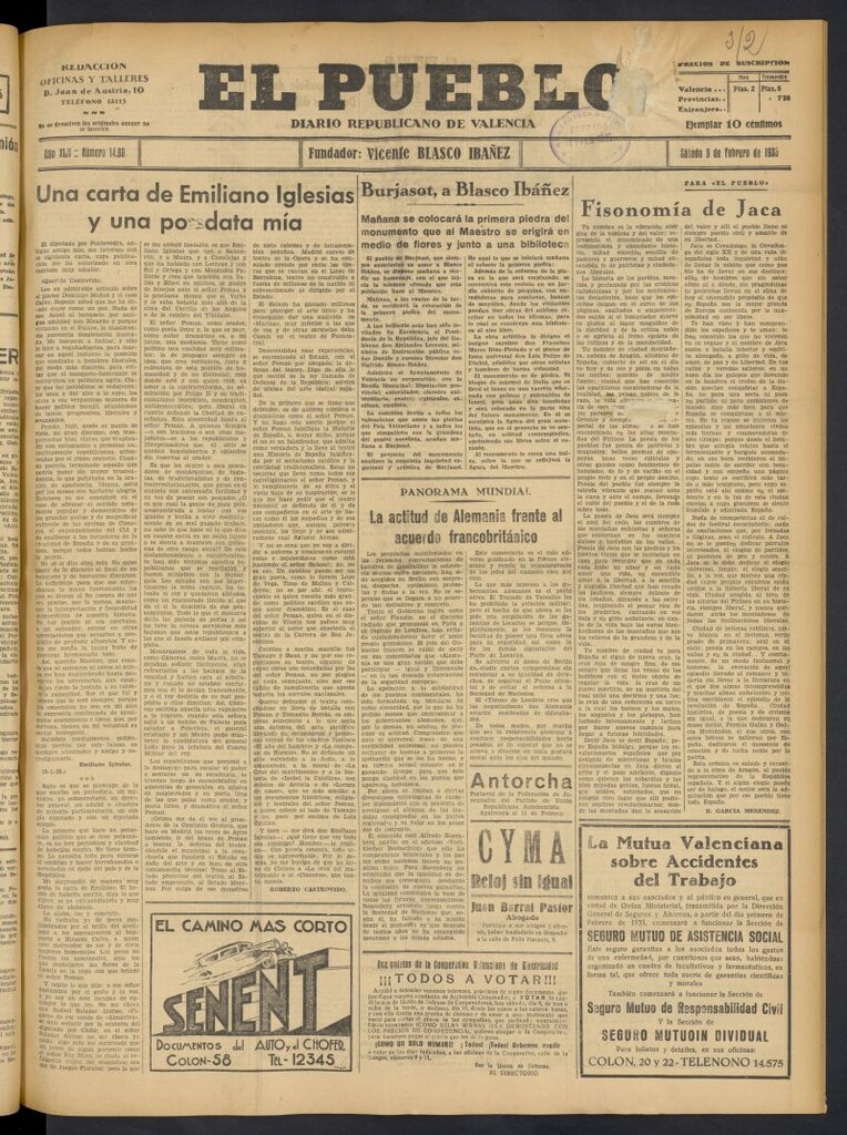 Miniatura de El Pueblo : Diario republicano de Valencia del 9 de febrero de 1935, nº 14.601