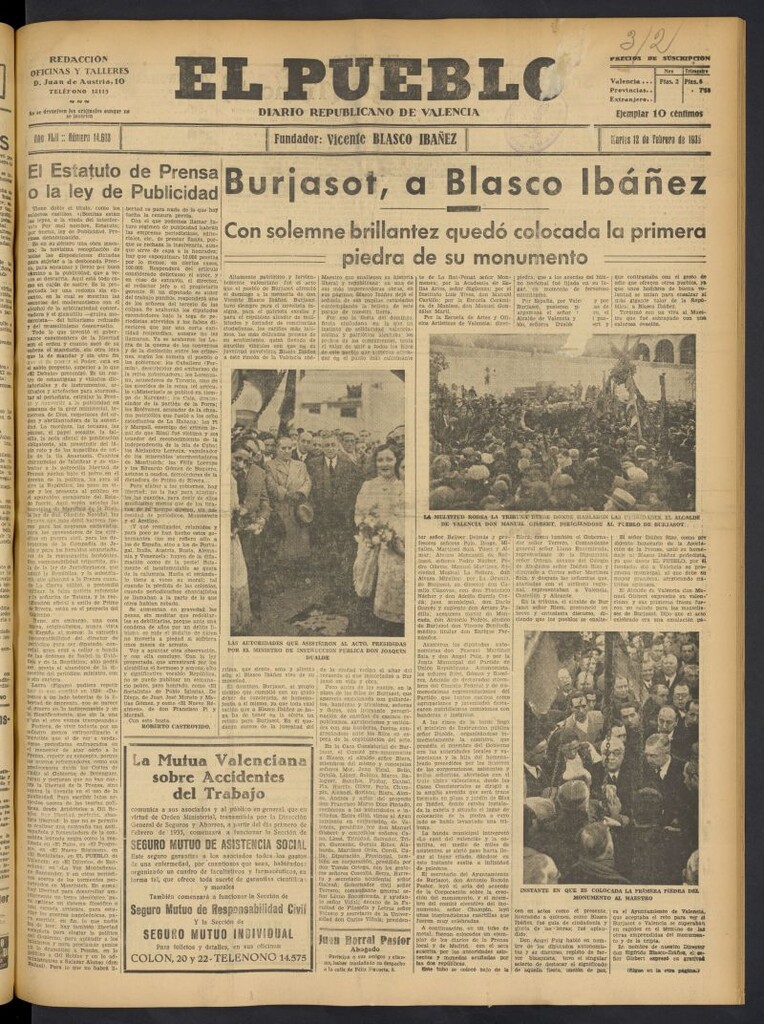 Miniatura de El Pueblo : Diario republicano de Valencia del 12 de febrero de 1935, nº 14.603