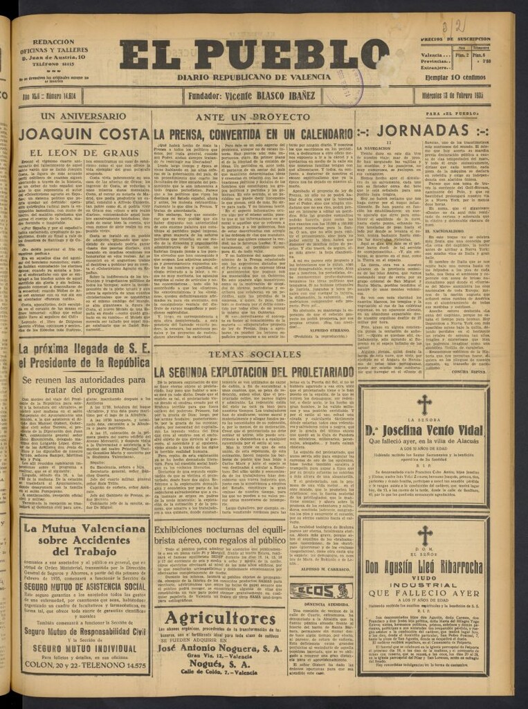 Miniatura de El Pueblo : Diario republicano de Valencia del 13 de febrero de 1935, nº 14.604