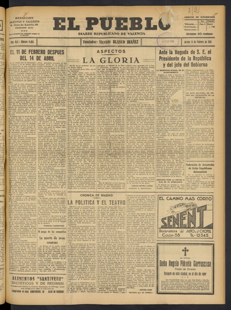 Miniatura de El Pueblo : Diario republicano de Valencia del 14 de febrero de 1935, nº 14.605