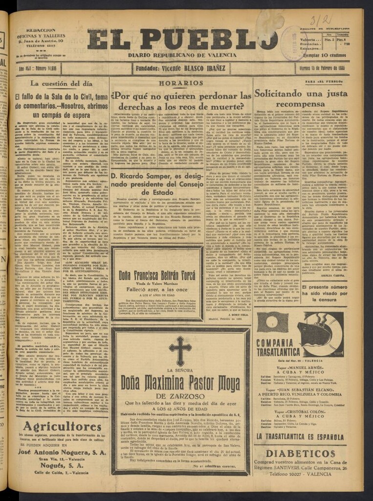 Miniatura de El Pueblo : Diario republicano de Valencia del 15 de febrero de 1935, nº 14.606