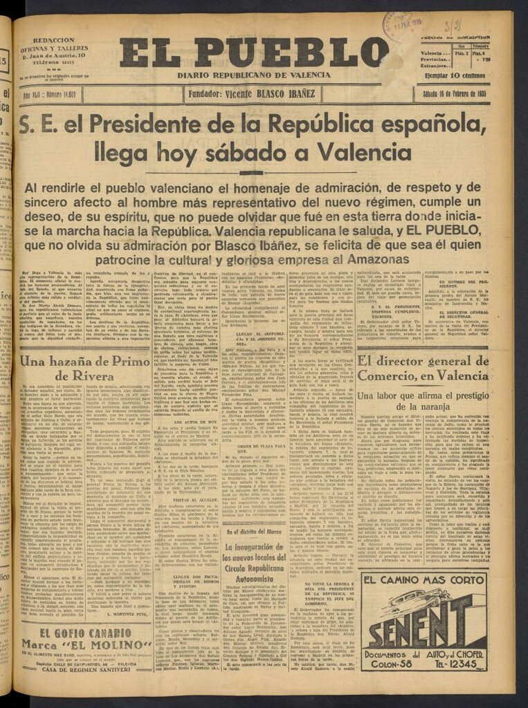 Miniatura de El Pueblo : Diario republicano de Valencia del 16 de febrero de 1935, nº 14.607