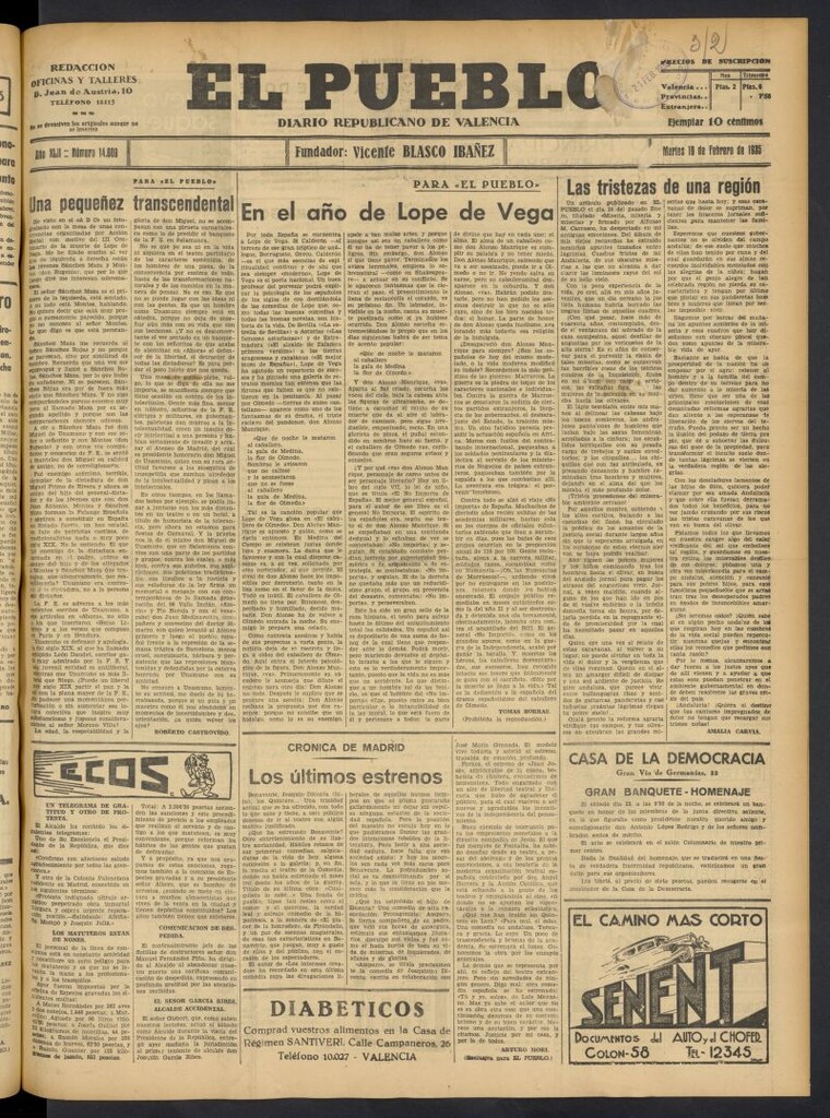 Miniatura de El Pueblo : Diario republicano de Valencia del 19 de febrero de 1935, nº 14.609
