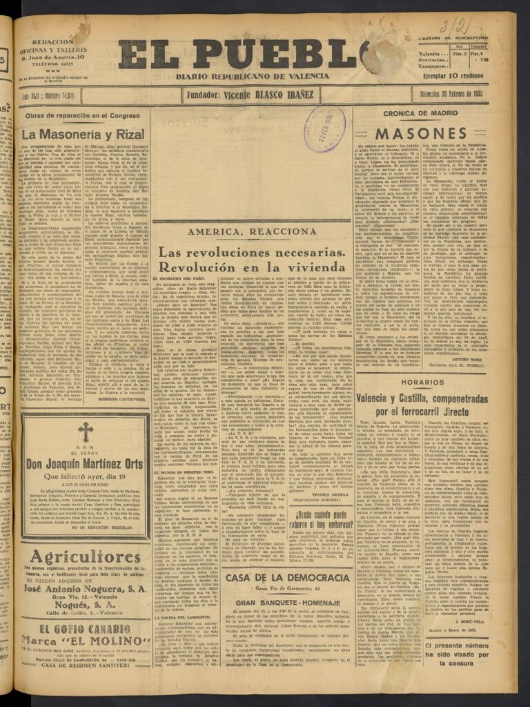 Miniatura de El Pueblo : Diario republicano de Valencia del 20 de febrero de 1935, nº 14.610