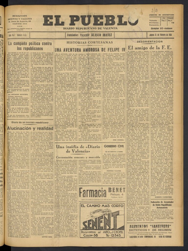 Miniatura de El Pueblo : Diario republicano de Valencia del 21 de febrero de 1935, nº 14.611