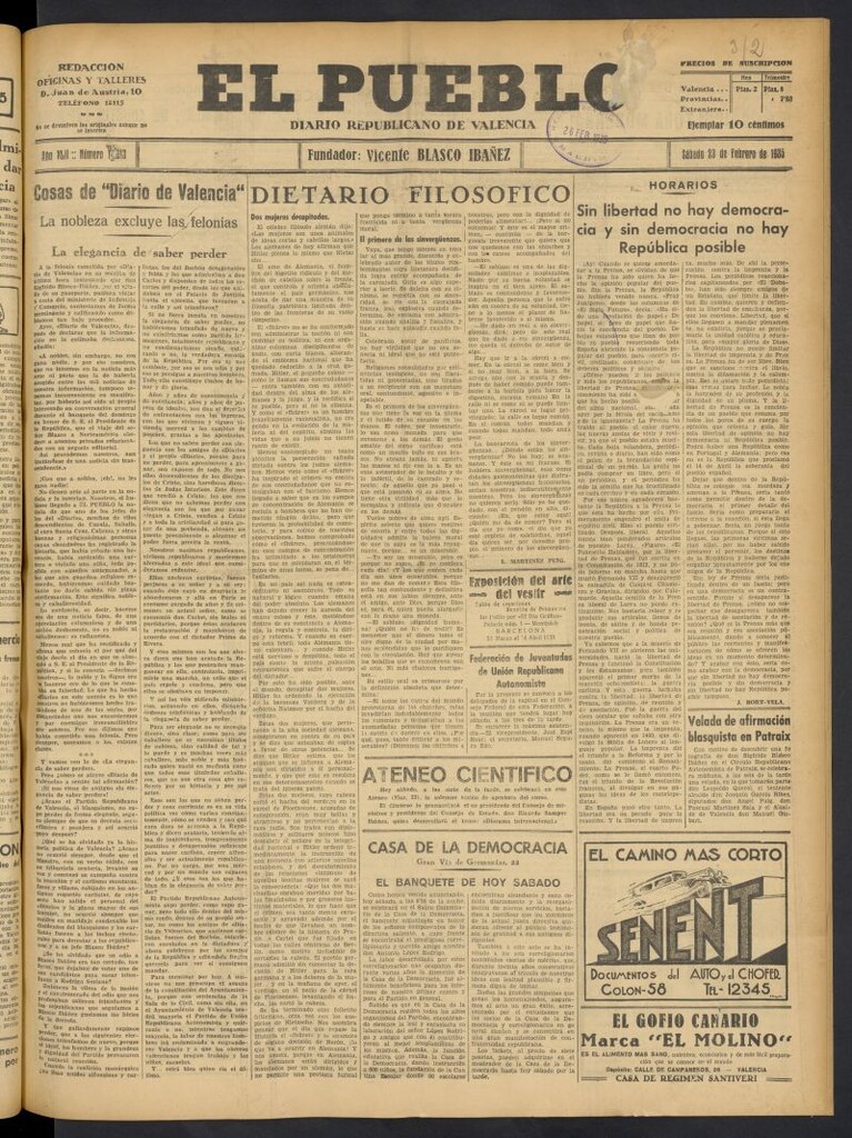 Miniatura de El Pueblo : Diario republicano de Valencia del 23 de febrero de 1935, nº 14.613