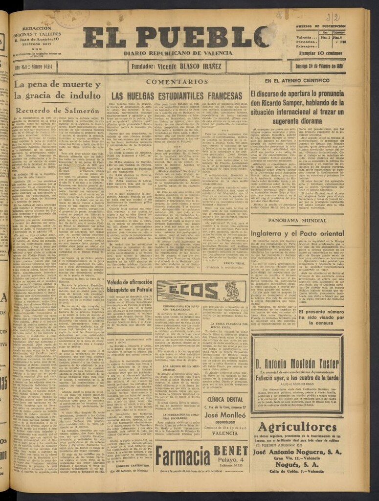 Miniatura de El Pueblo : Diario republicano de Valencia del 24 de febrero de 1935, nº 14.614