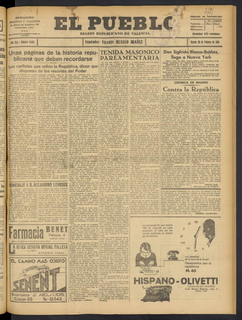 Miniatura de El Pueblo : Diario republicano de Valencia del 26 de febrero de 1935, nº 14.615