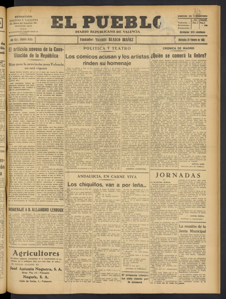 Miniatura de El Pueblo : Diario republicano de Valencia del 27 de febrero de 1935, nº 14.616