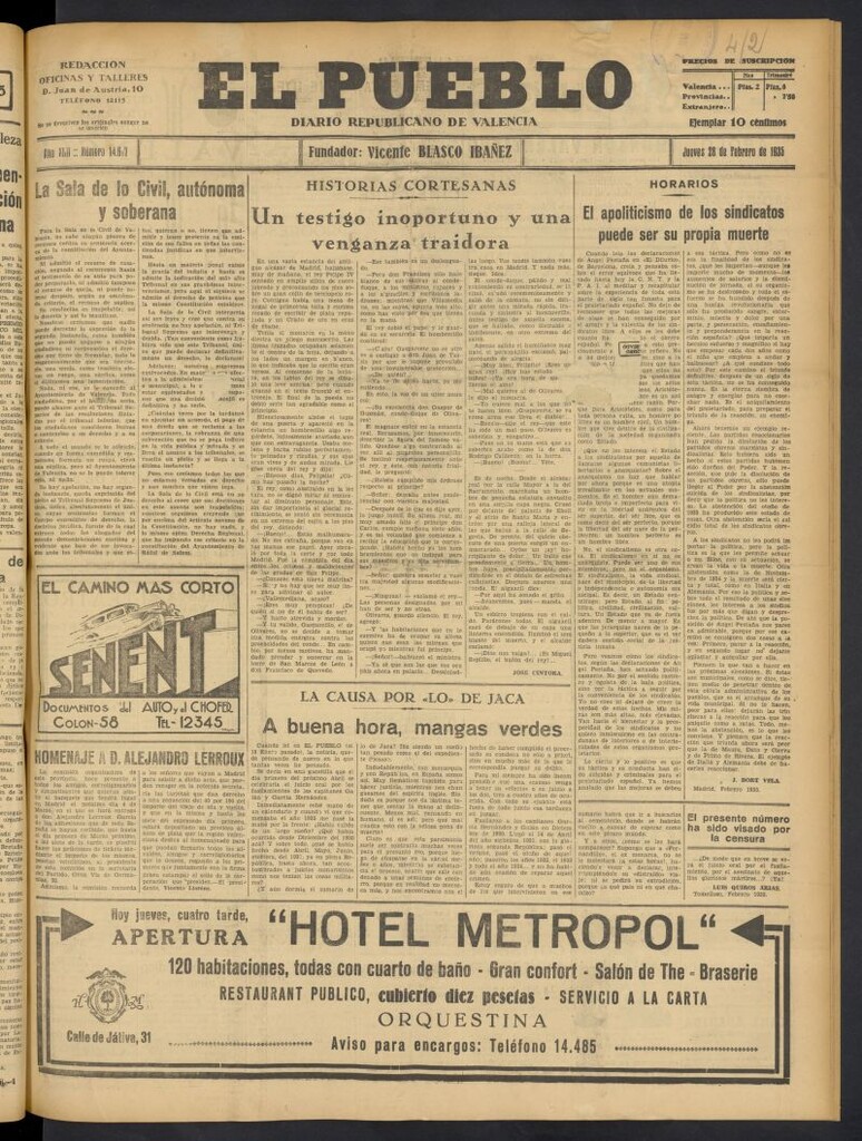 Miniatura de El Pueblo : Diario republicano de Valencia del 28 de febrero de 1935, nº 14.617
