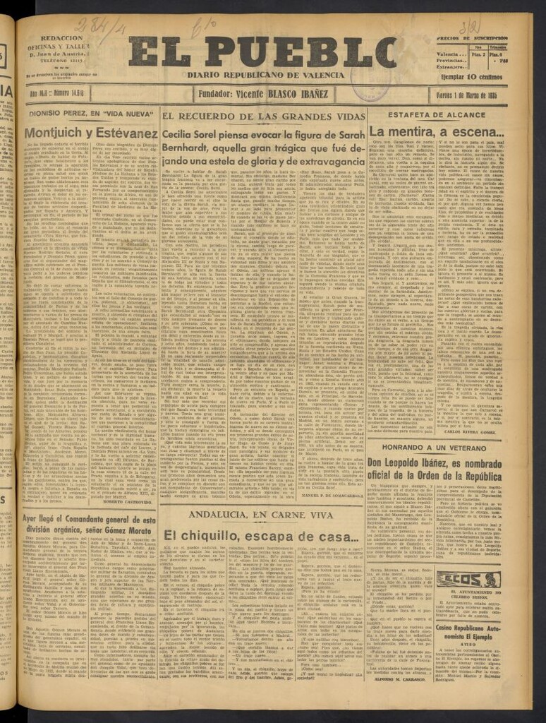 Miniatura de El Pueblo : Diario republicano de Valencia del 1 de marzo de 1935, nº 14.618