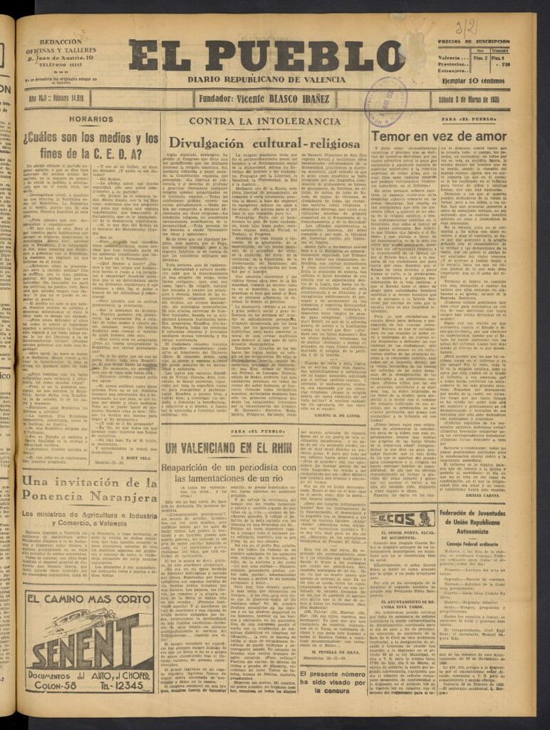 Miniatura de El Pueblo : Diario republicano de Valencia del 2 de marzo de 1935, nº 14.619