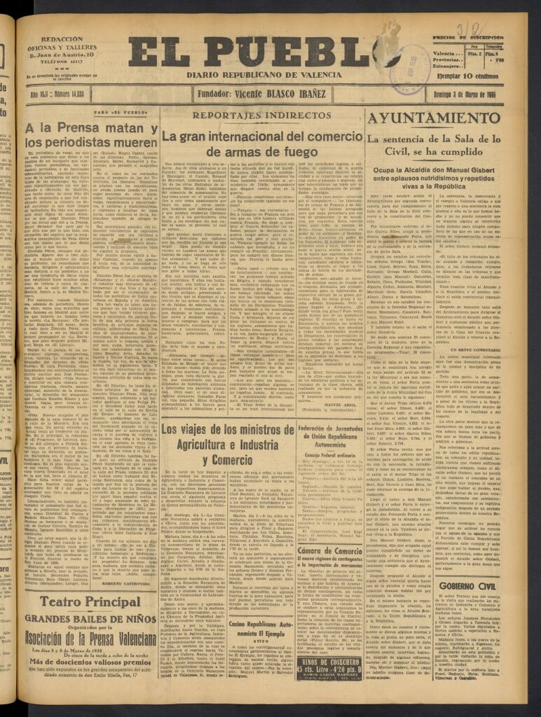 Miniatura de El Pueblo : Diario republicano de Valencia del 3 de marzo de 1935, nº 14.620