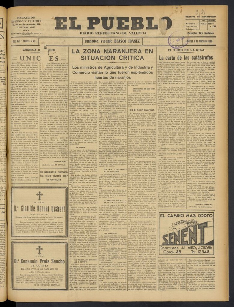 Miniatura de El Pueblo : Diario republicano de Valencia del 5 de marzo de 1935, nº 14.621