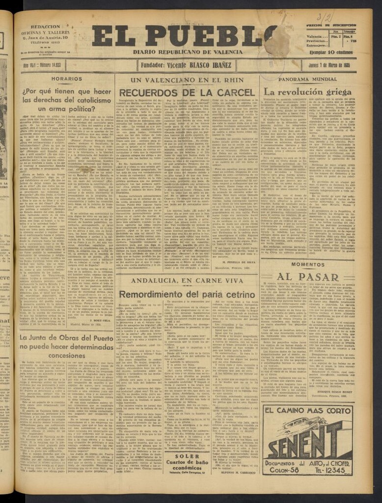 Miniatura de El Pueblo : Diario republicano de Valencia del 7 de marzo de 1935, nº 14.623