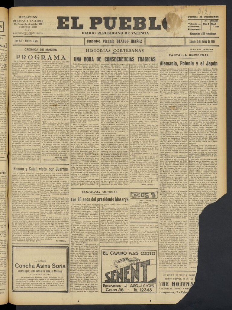 Miniatura de El Pueblo : Diario republicano de Valencia del 9 de marzo de 1935, nº 14.625