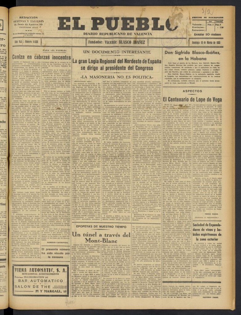 Miniatura de El Pueblo : Diario republicano de Valencia del 10 de marzo de 1935, nº 14.626