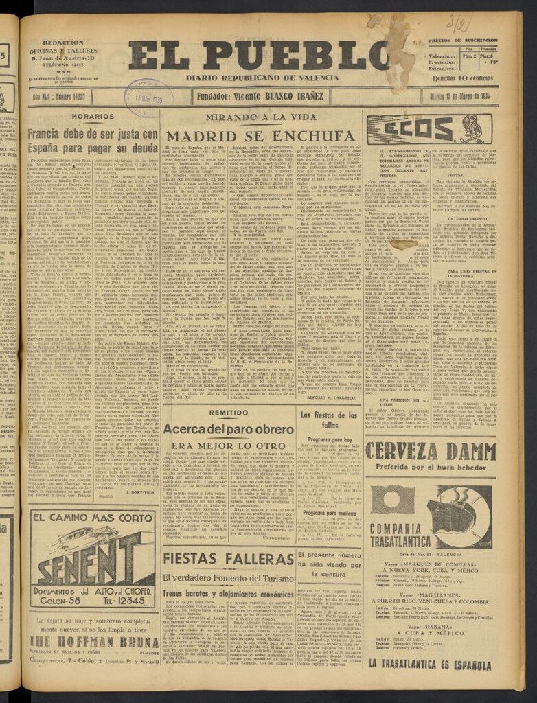 Miniatura de El Pueblo : Diario republicano de Valencia del 12 de marzo de 1935, nº 14.627