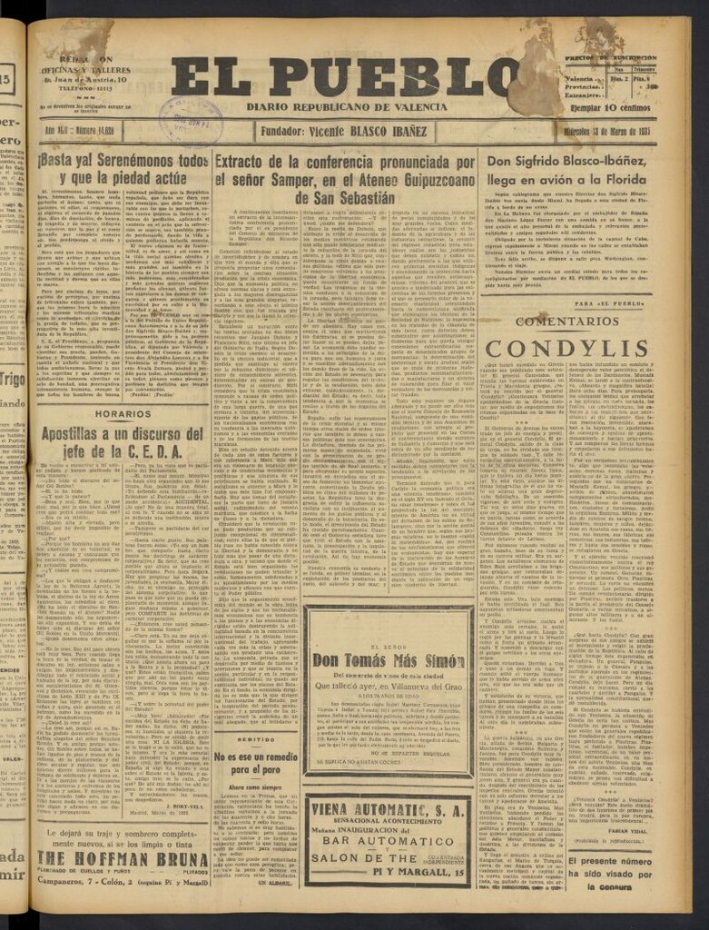 Miniatura de El Pueblo : Diario republicano de Valencia del 13 de marzo de 1935, nº 14.628