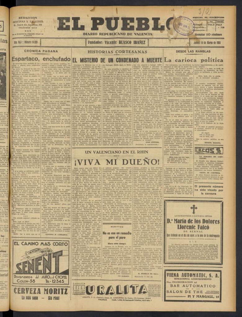 Miniatura de El Pueblo : Diario republicano de Valencia del 14 de marzo de 1935, nº 14.629