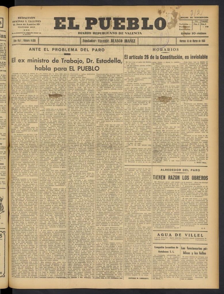 Miniatura de El Pueblo : Diario republicano de Valencia del 15 de marzo de 1935, nº 14.630