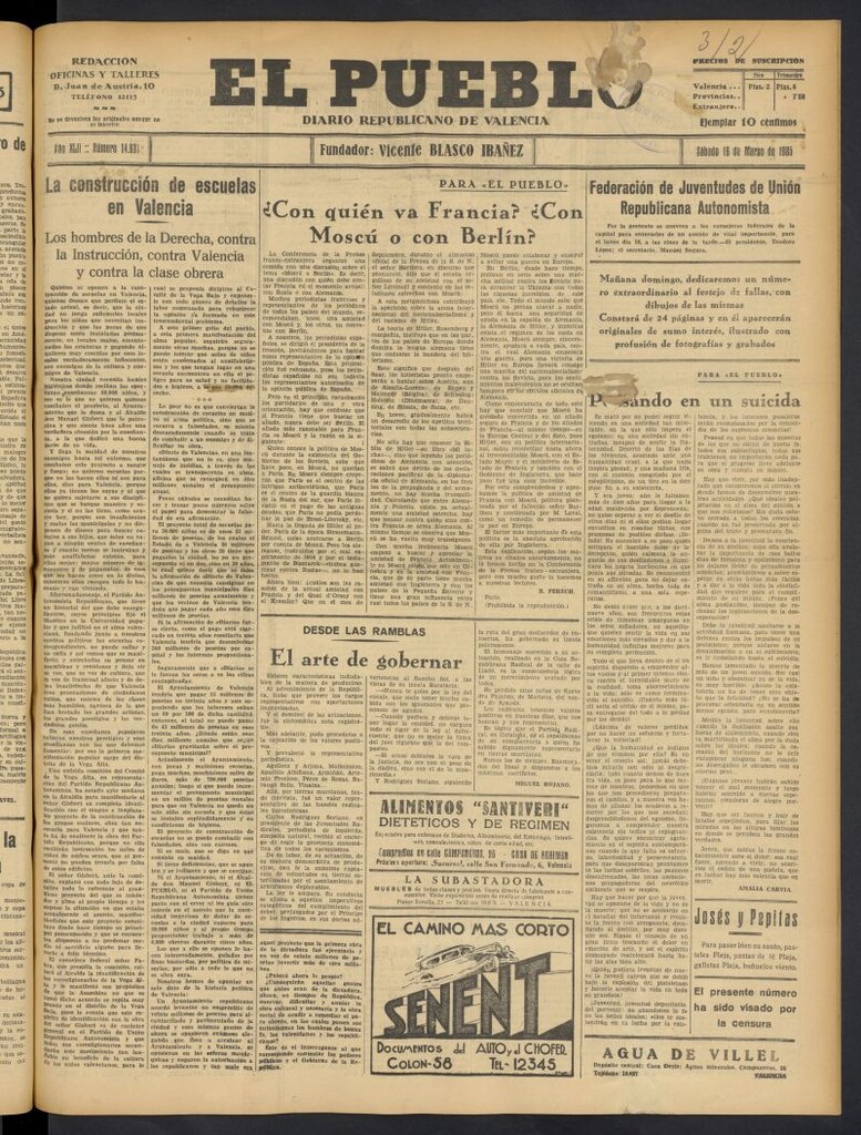 Miniatura de El Pueblo : Diario republicano de Valencia del 16 de marzo de 1935, nº 14.631