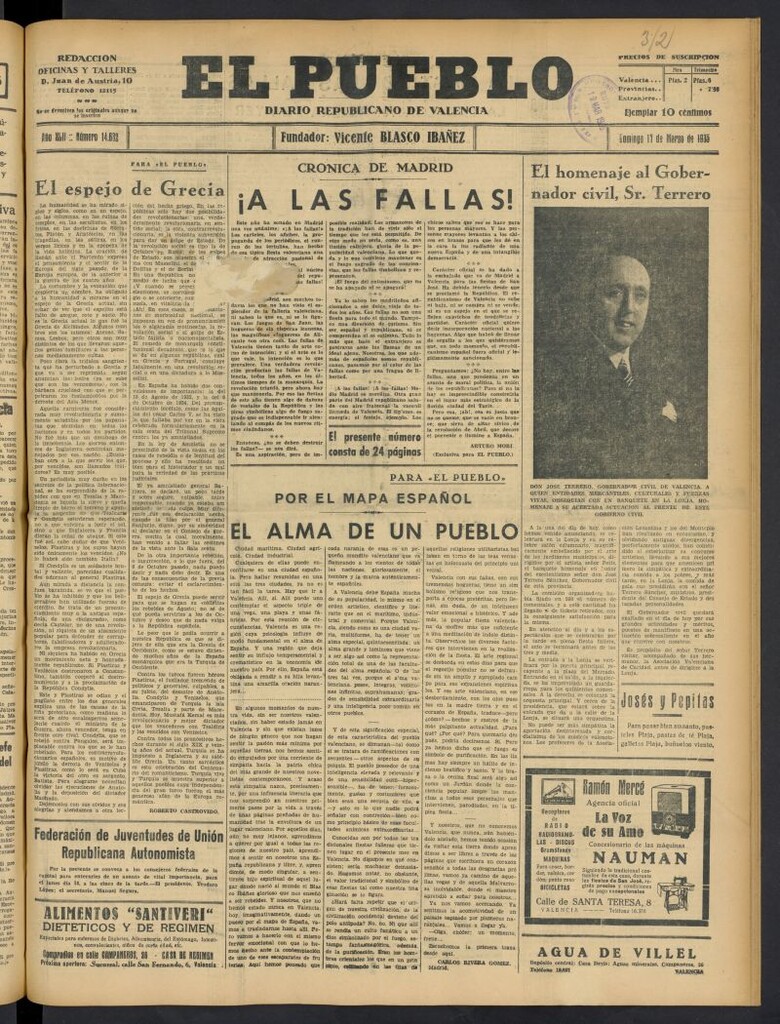 Miniatura de El Pueblo : Diario republicano de Valencia del 17 de marzo de 1935, nº 14.632
