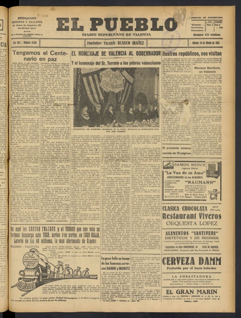 Miniatura de El Pueblo : Diario republicano de Valencia del 19 de marzo de 1935, nº 14.633