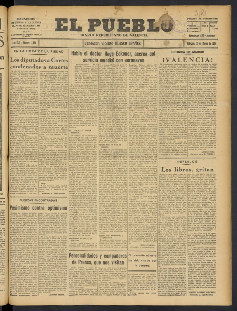 Miniatura de El Pueblo : Diario republicano de Valencia del 20 de marzo de 1935, nº 14.634