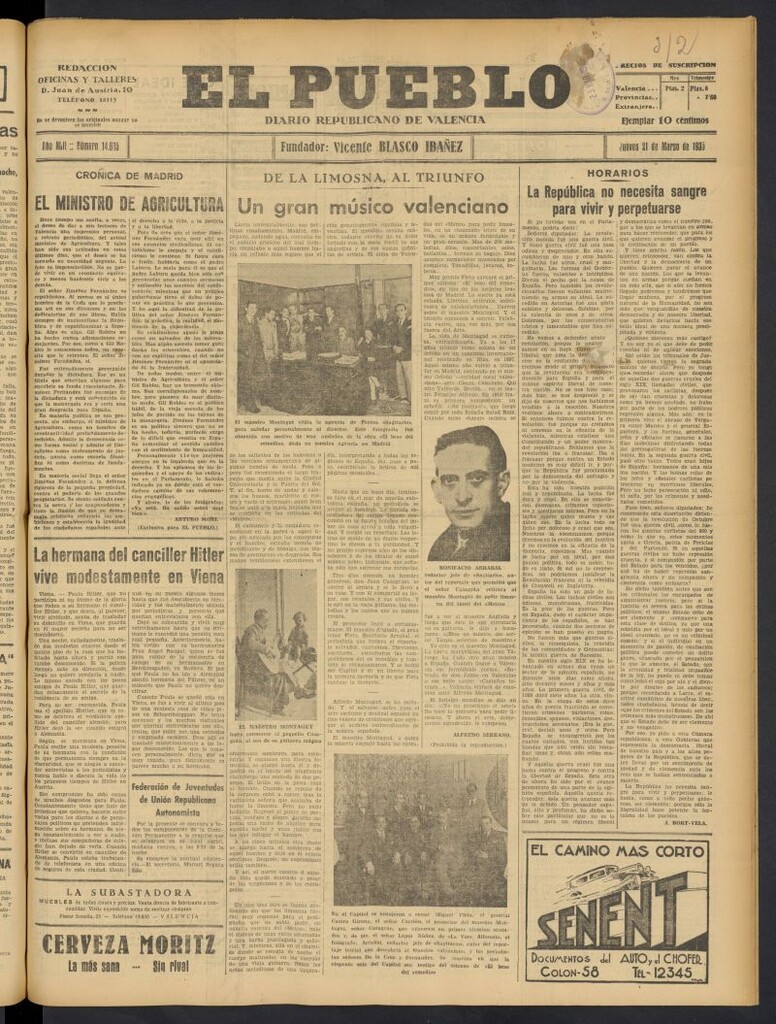 Miniatura de El Pueblo : Diario republicano de Valencia del 21 de marzo de 1935, nº 14.635