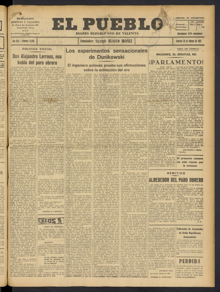 Miniatura de El Pueblo : Diario republicano de Valencia del 22 de marzo de 1935, nº 14.636