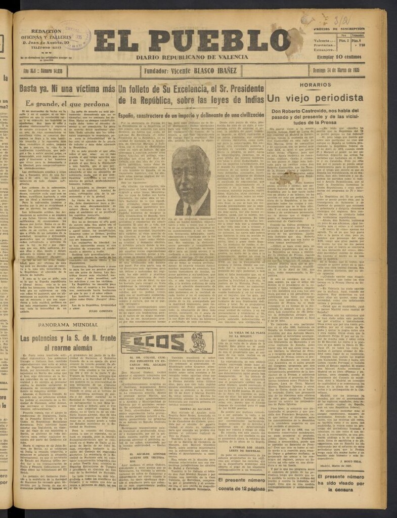 Miniatura de El Pueblo : Diario republicano de Valencia del 24 de marzo de 1935, nº 14.638