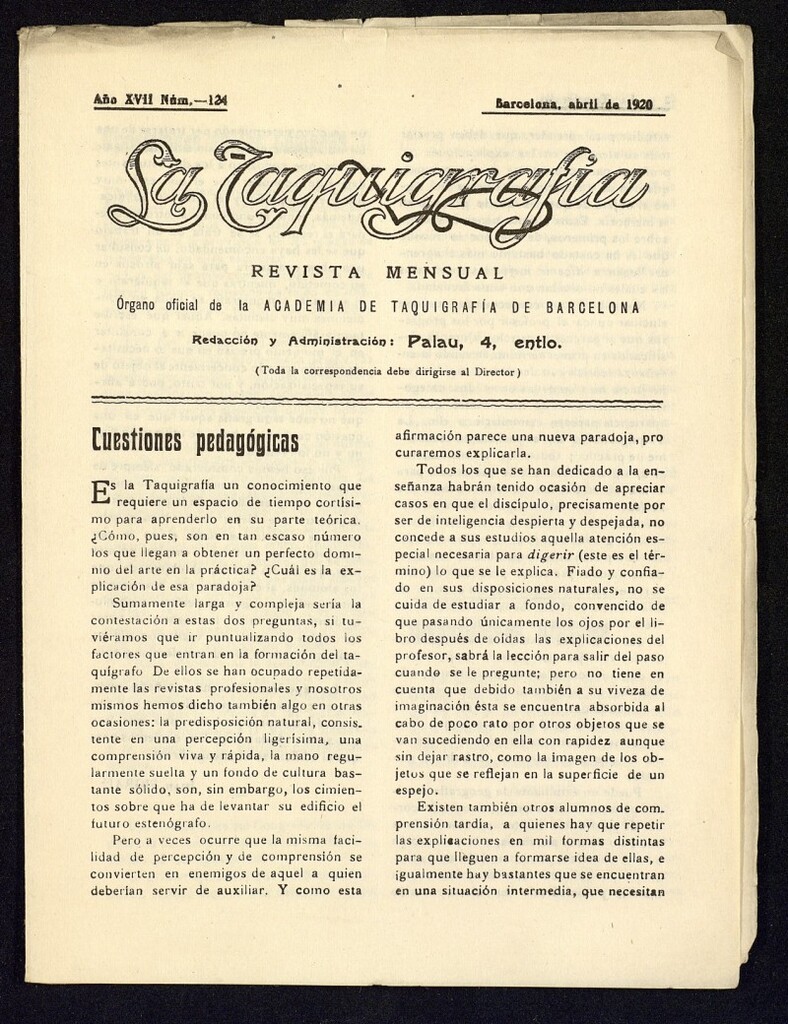 Miniatura de La Taquigrafía. Abril de 1920, nº 124