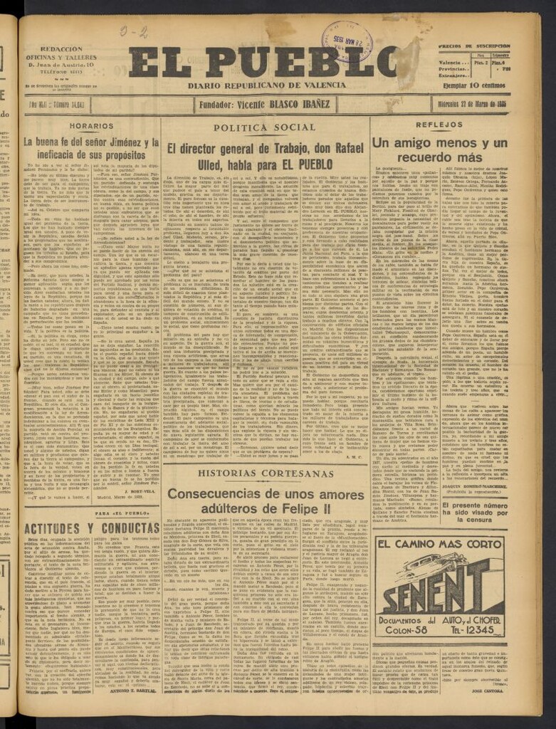 Miniatura de El Pueblo : Diario republicano de Valencia del 27 de marzo de 1935, nº 14.640