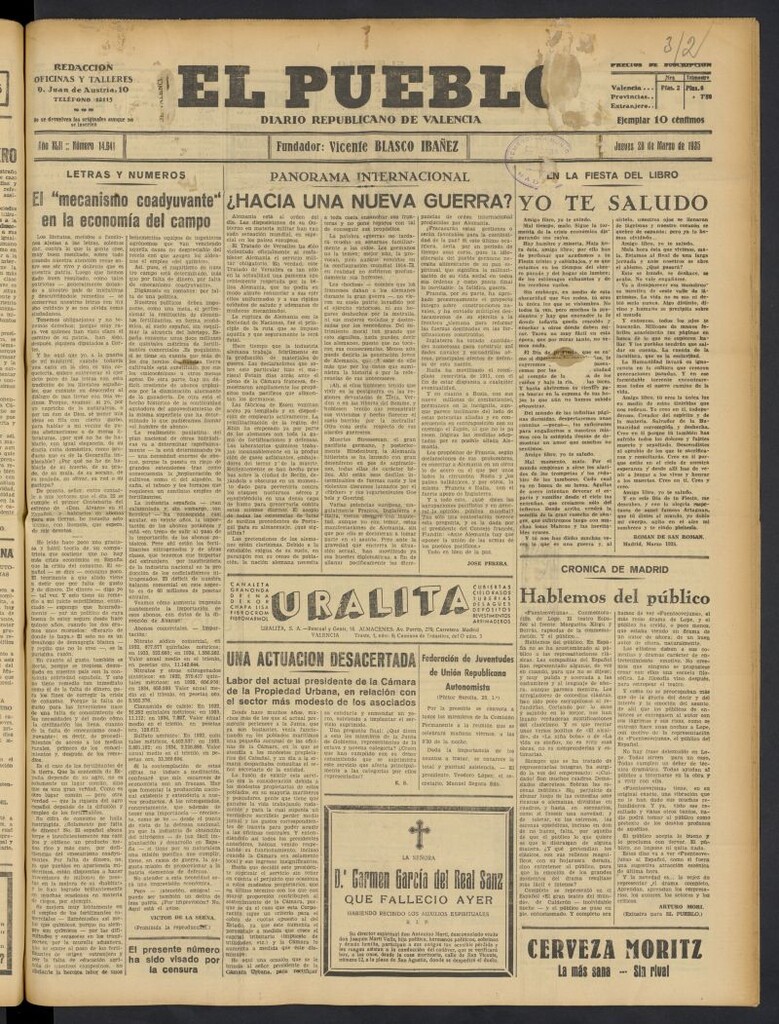 Miniatura de El Pueblo : Diario republicano de Valencia del 28 de marzo de 1935, nº 14.641