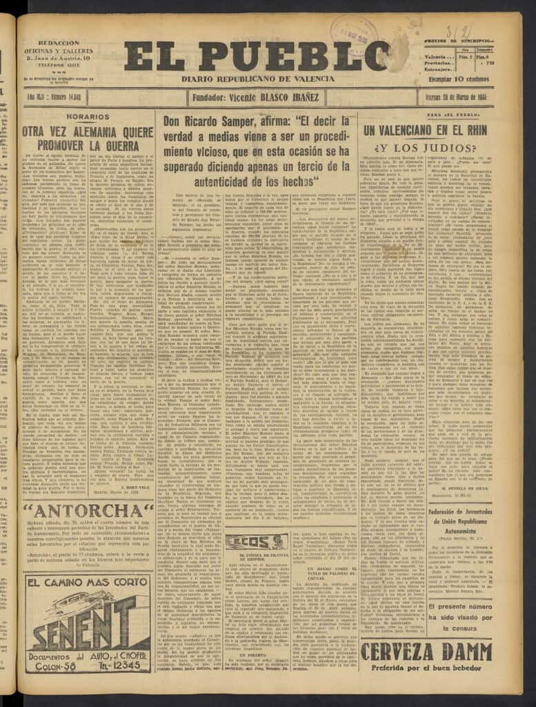 Miniatura de El Pueblo : Diario republicano de Valencia del 29 de marzo de 1935, nº 14.642