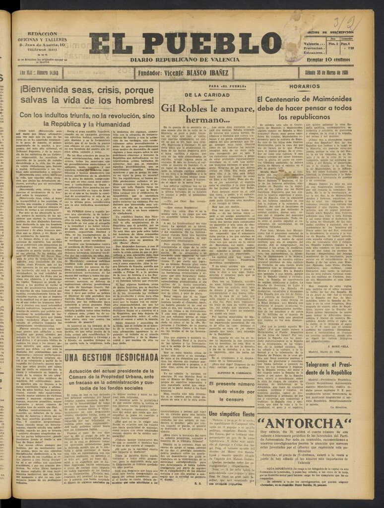 Miniatura de El Pueblo : Diario republicano de Valencia del 30 de marzo de 1935, nº 14.643