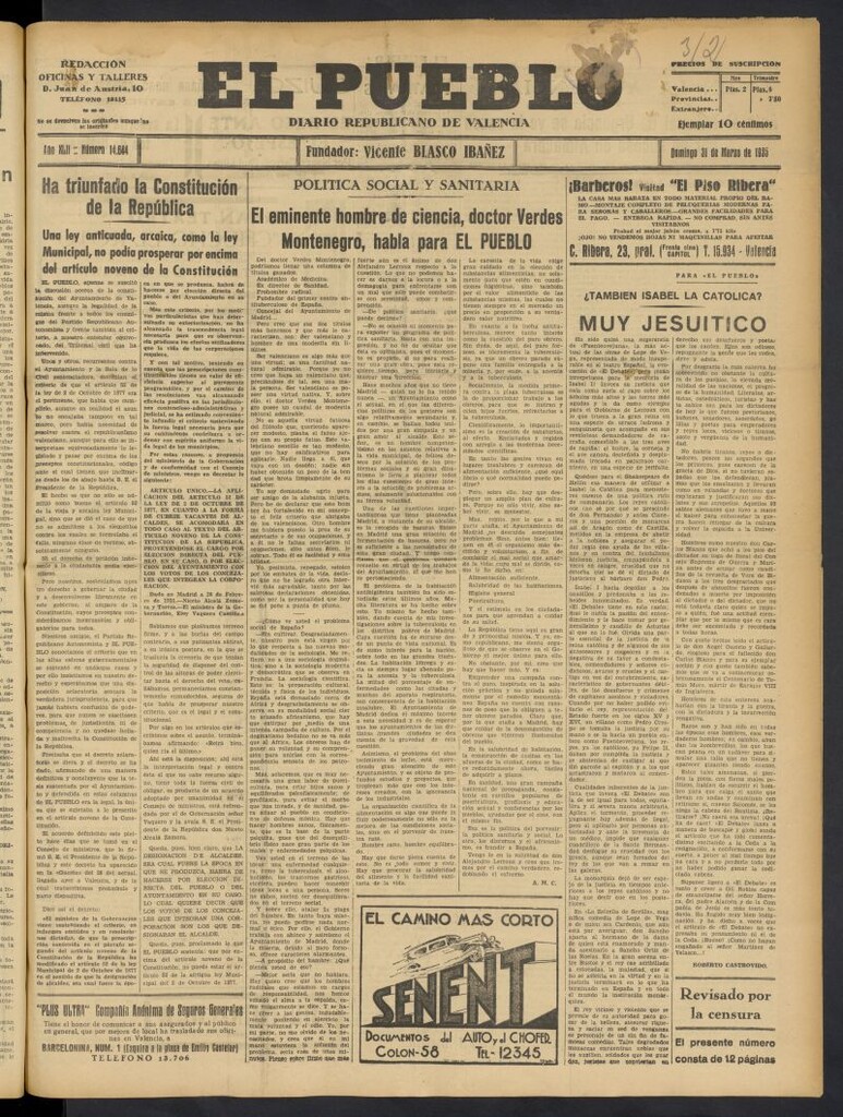Miniatura de El Pueblo : Diario republicano de Valencia del 31 de marzo de 1935, nº 14.644