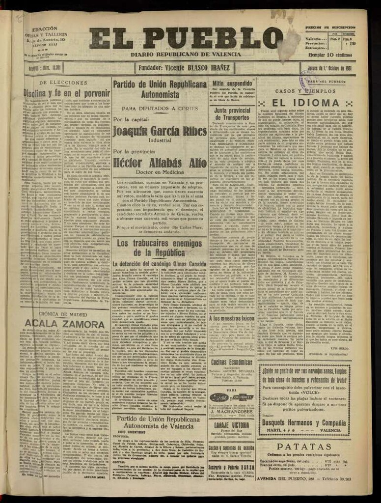 Miniatura de El Pueblo : Diario republicano de Valencia del 1 de octubre de 1931, nº 13.301