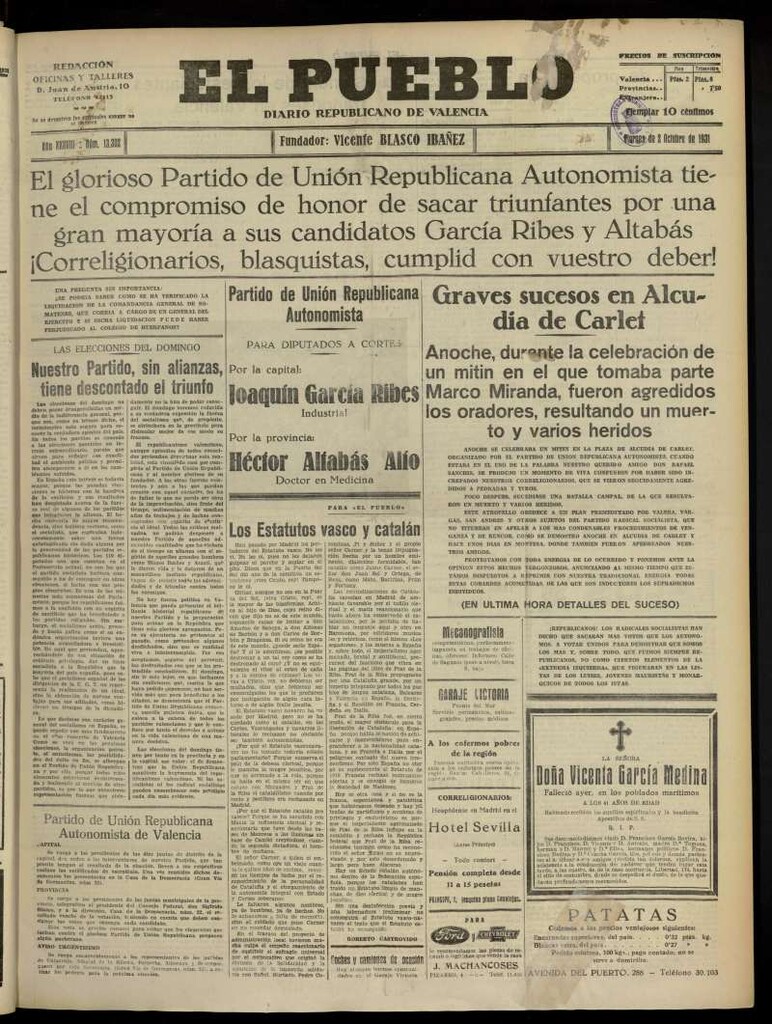 Miniatura de El Pueblo : Diario republicano de Valencia del 2 de octubre de 1931, nº 13.302