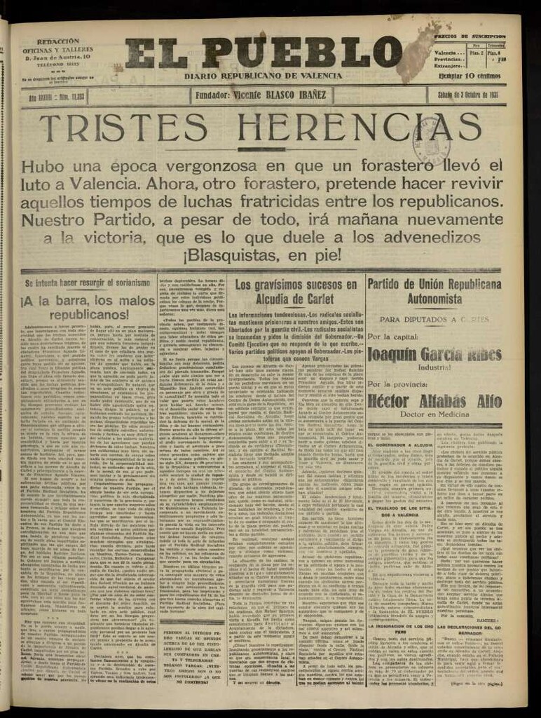 Miniatura de El Pueblo : Diario republicano de Valencia del 3 de octubre de 1931, nº 13.303