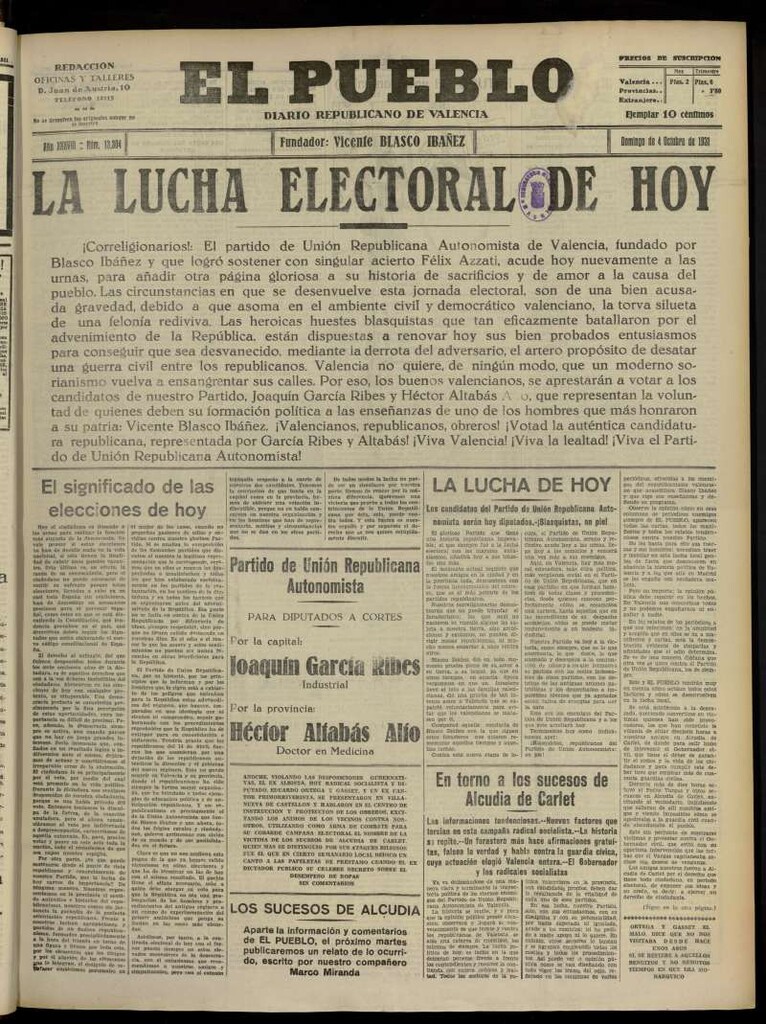 Miniatura de El Pueblo : Diario republicano de Valencia del 4 de octubre de 1931, nº 13.304