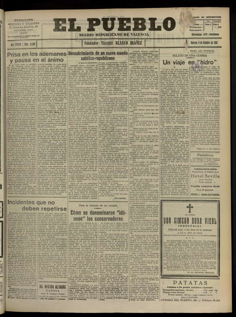 Miniatura de El Pueblo : Diario republicano de Valencia del 9 de octubre de 1931, nº 13.308