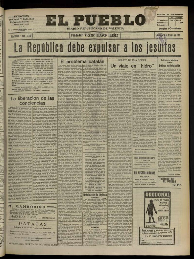 Miniatura de El Pueblo : Diario republicano de Valencia del 11 de octubre de 1931, nº 13.310