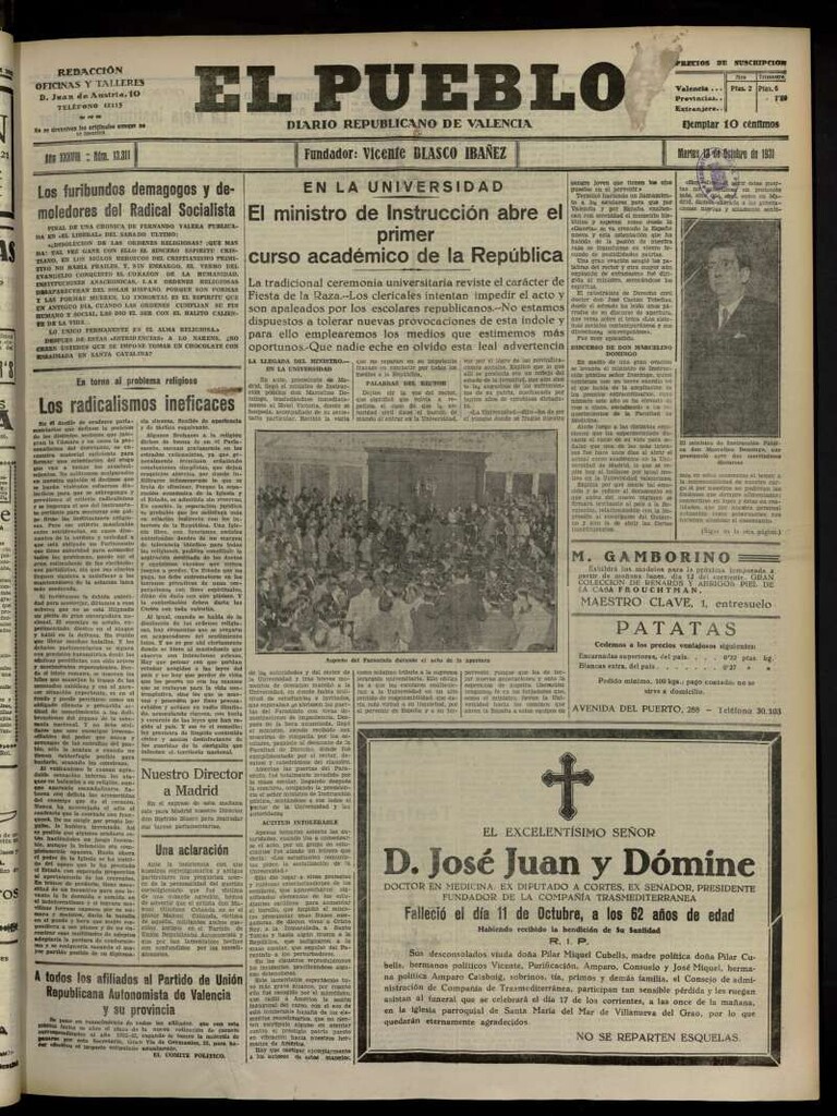 Miniatura de El Pueblo : Diario republicano de Valencia del 13 de octubre de 1931, nº 13.311