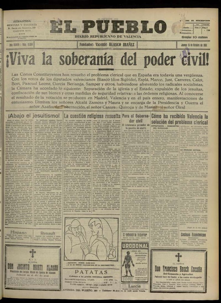 Miniatura de El Pueblo : Diario republicano de Valencia del 15 de octubre de 1931, nº 13.313
