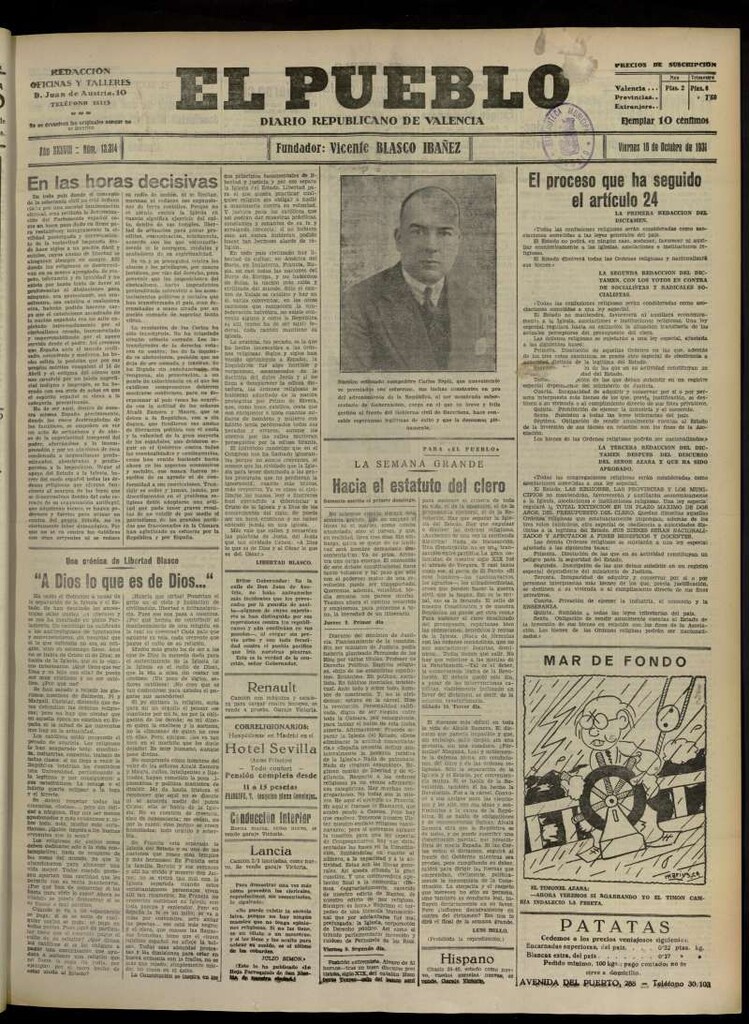 Miniatura de El Pueblo : Diario republicano de Valencia del 16 de octubre de 1931, nº 13.314