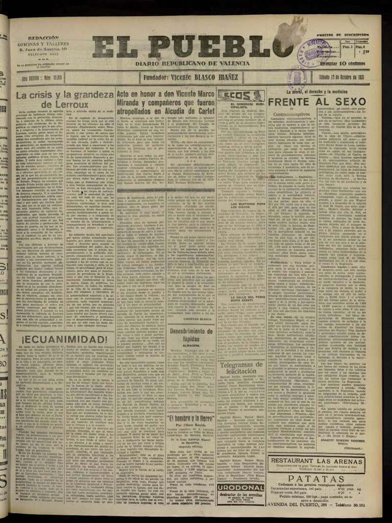 Miniatura de El Pueblo : Diario republicano de Valencia del 17 de octubre de 1931, nº 13.315