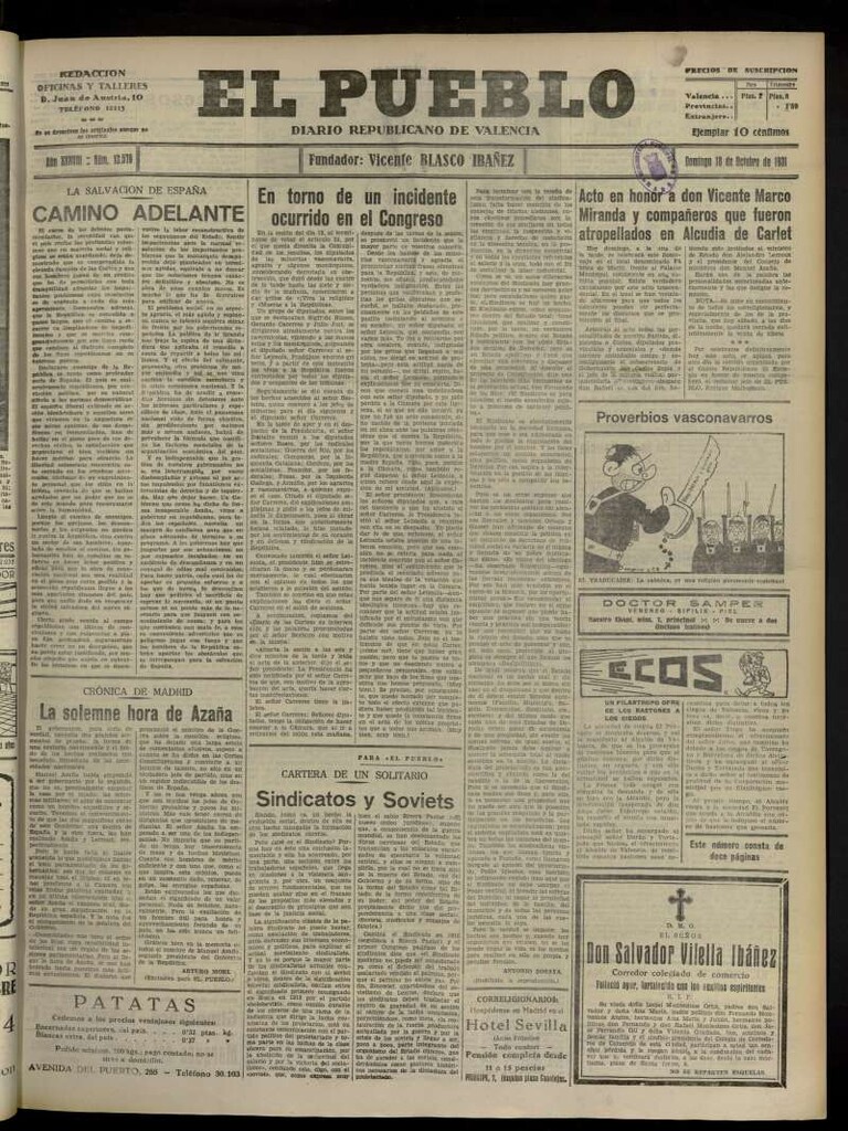 Miniatura de El Pueblo : Diario republicano de Valencia del 18 de octubre de 1931, nº 13578 [sic]
